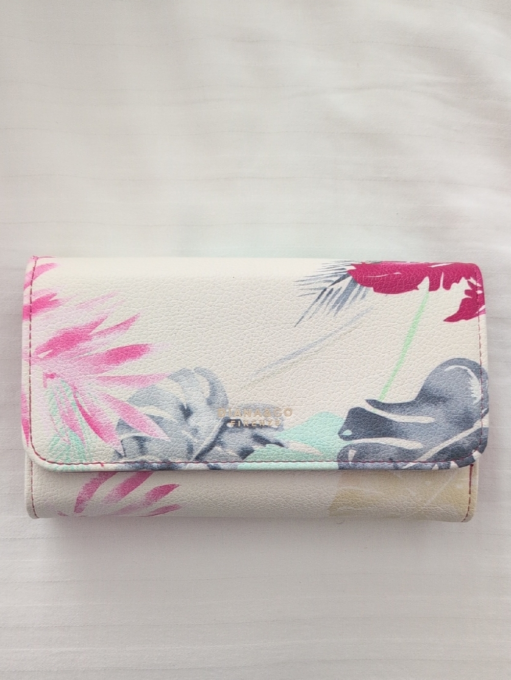 Floral Trifold Wallet in White with Pink Accents